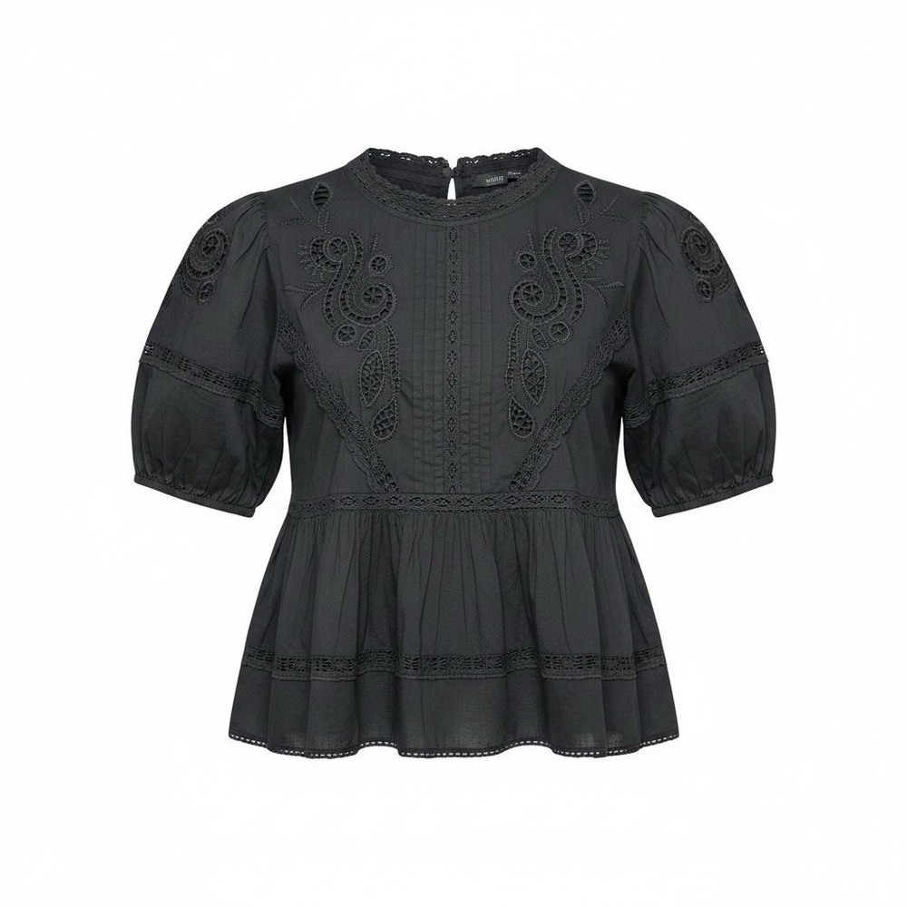 NWT Zara Black Embroidered Lace Peplum Blouse Top Short Puff Sleeve Small